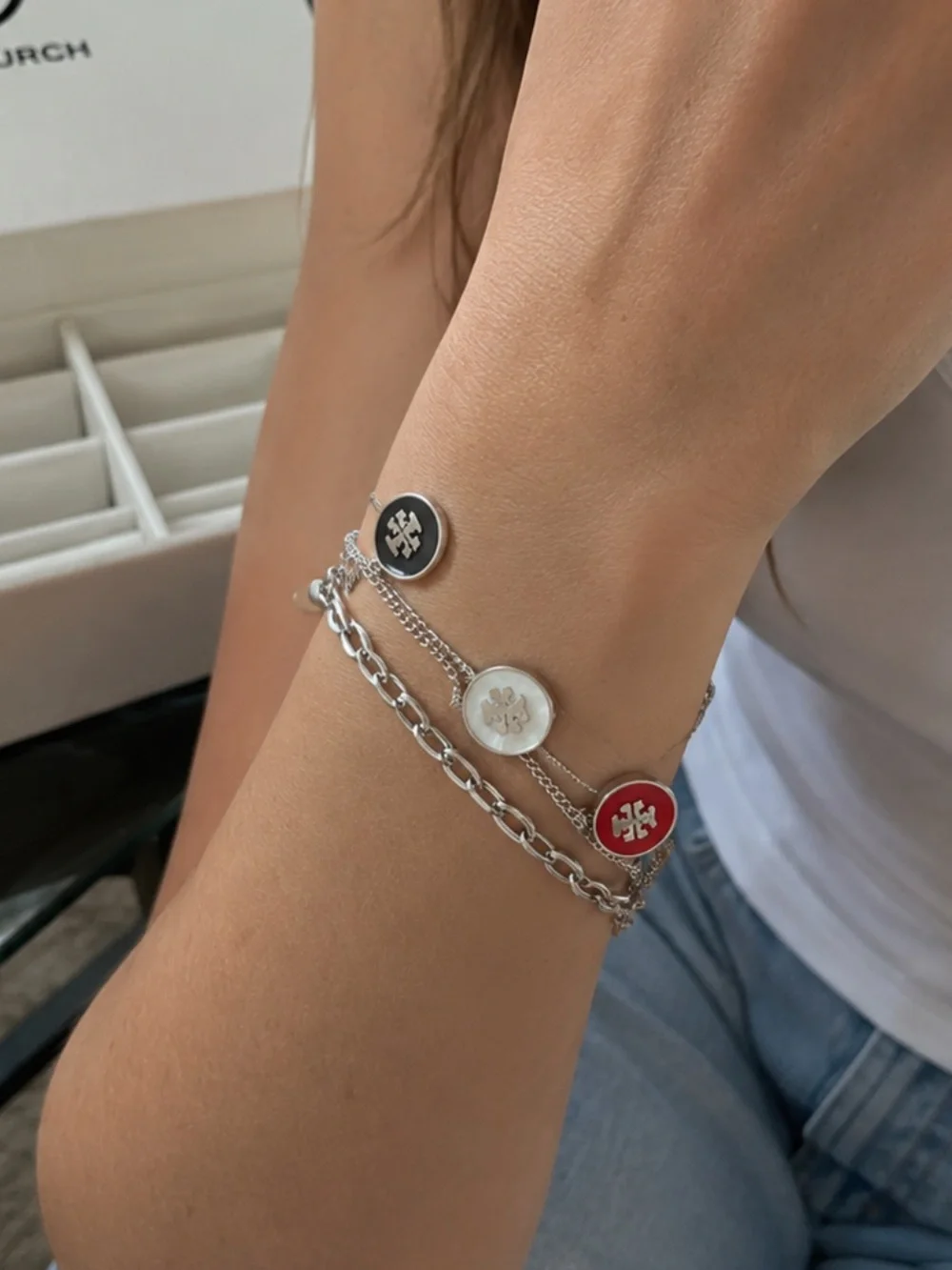 Tory Burch Silver Chain Bracelet with Red, White & Black Enamel Charms